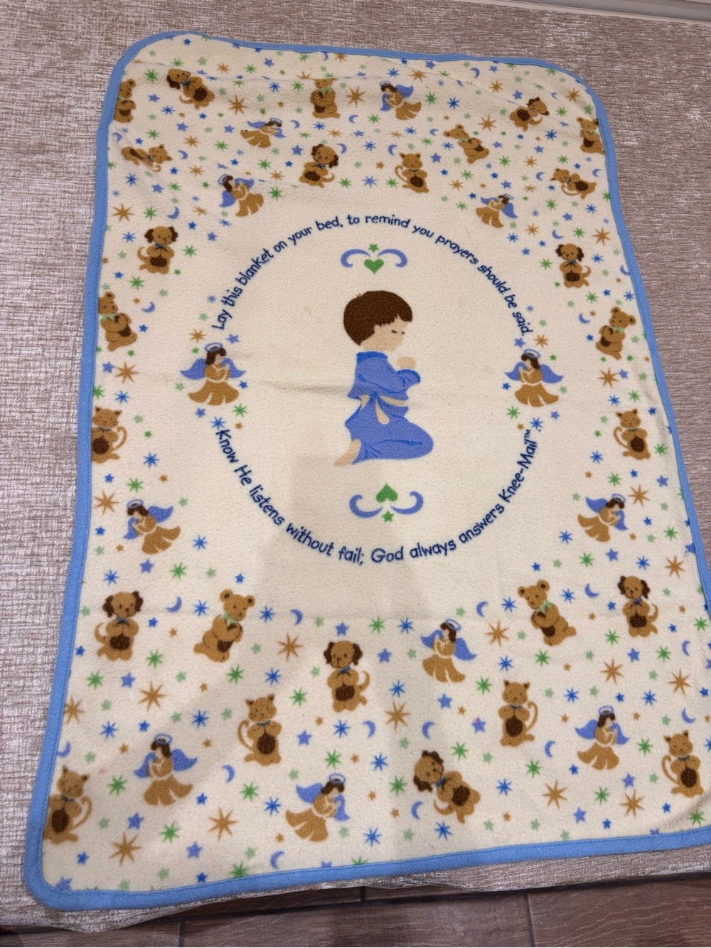 Children Prayer Blanket lovey  Teddy Angel Print Boy Blue Trim
